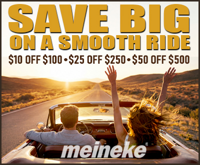 Meineke advertisement: two people in an open-top car at sunset, bold text 'SAVE BIG ON A SMOOTH RIDE' with discount offers.
